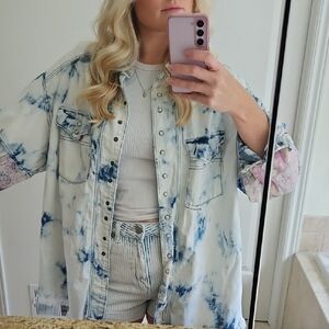We The Free Sunshine Coast Patchwork Acid Dye Denim Shaket
